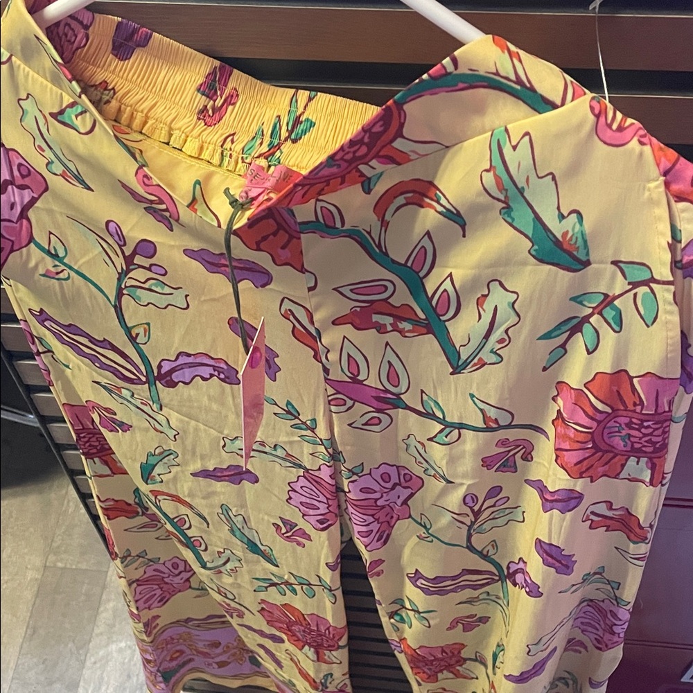 Rose & Olive Yellow Floral Boot Cut Pants with Pink & Teal Accents